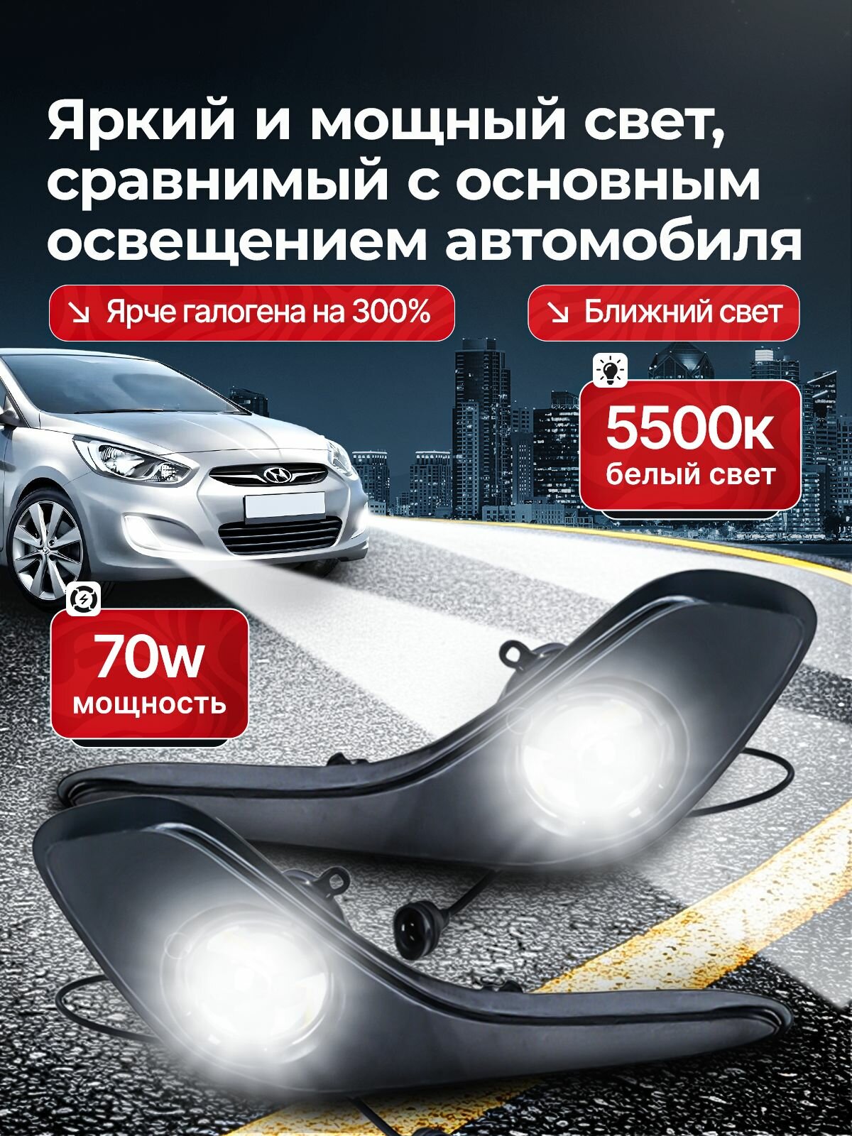 Противотуманные фары ПТФ Hyundai Solaris 1 дорестайлинг (2010-2014) 70Вт — фото 1