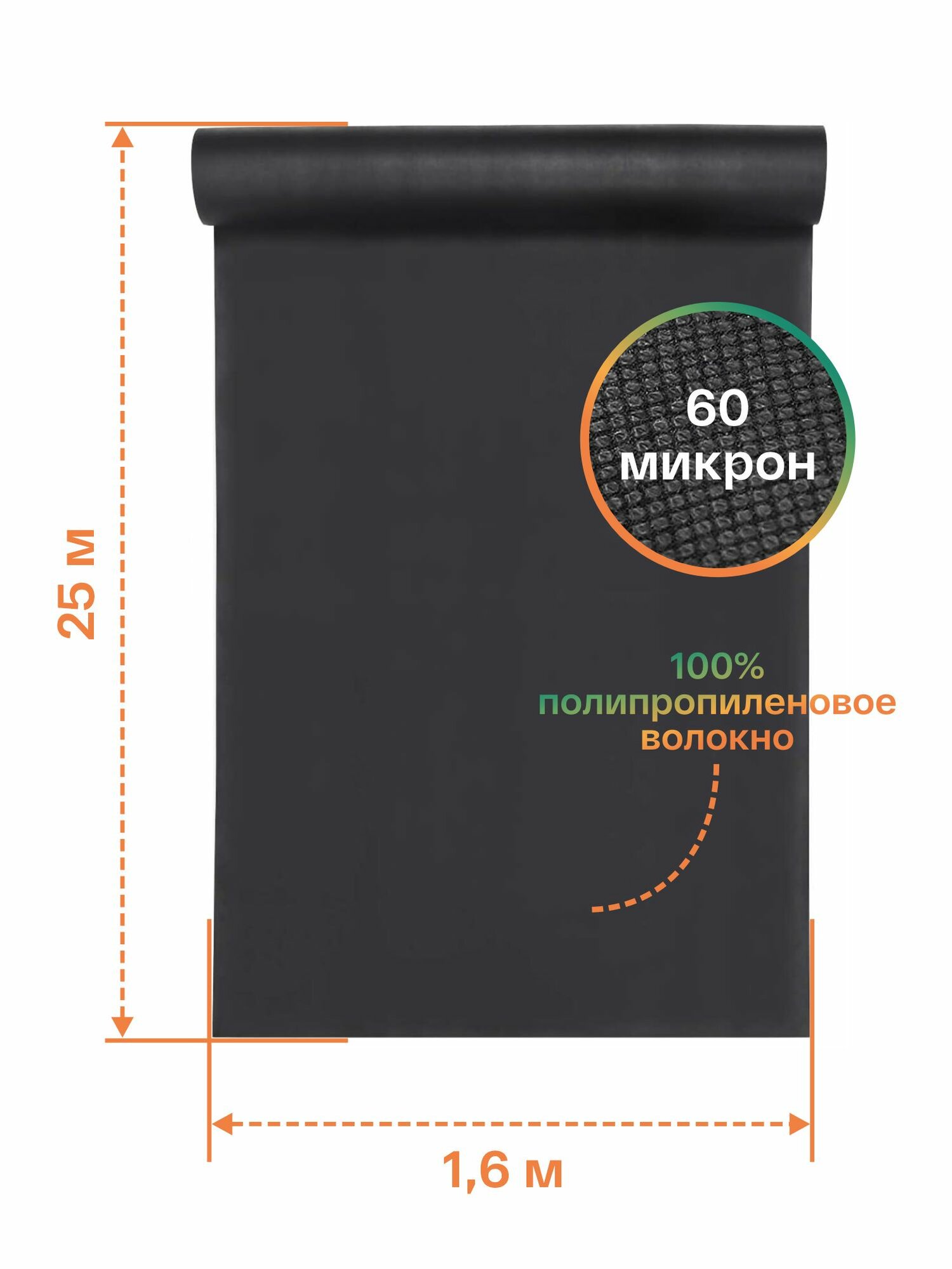 Геотекстиль садовый, 60 микрон, 1,6х25 м, чёрный, от сорняков, для грядок, для дорожек и ландшафтных работ — фото 1