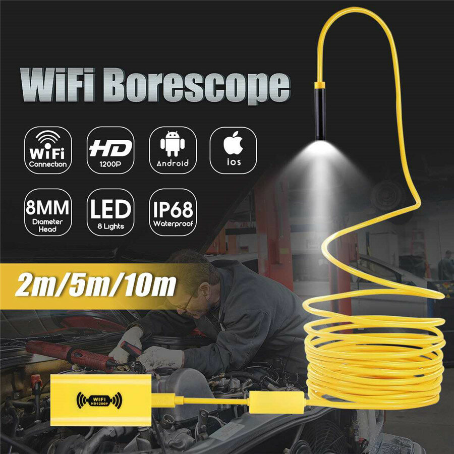 Жесткий Кабель 5 М 8LED WiFi Эндоскоп Бороскоп Инспекционный HD 1200P Камера IP68 Для iOS Android