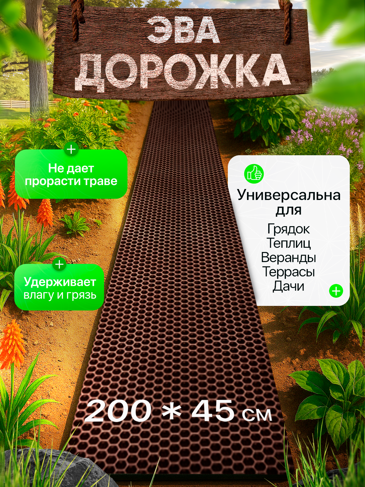 Садовая дорожка из Эва 200х45 см для дачи и огорода коричневый