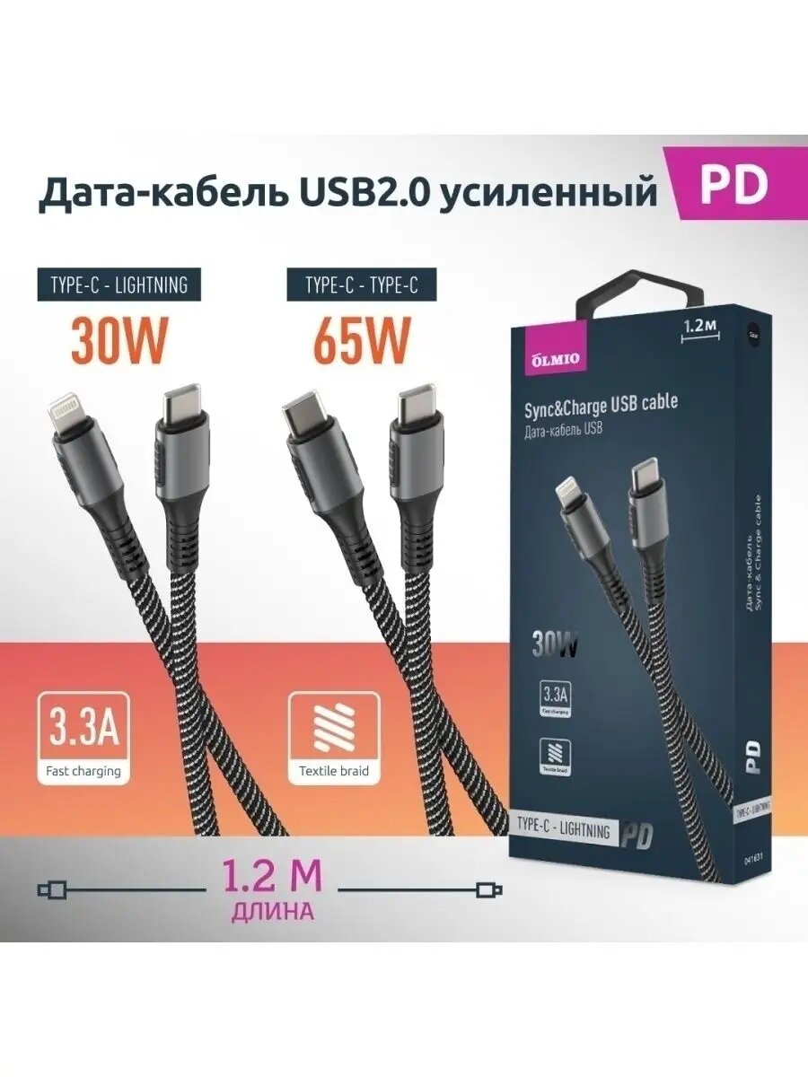 Кабель USB-C Lightning PD 30W, быстрая зарядка iPhone, 1.2 м, тканевая оплётка, чёрный — фото 1