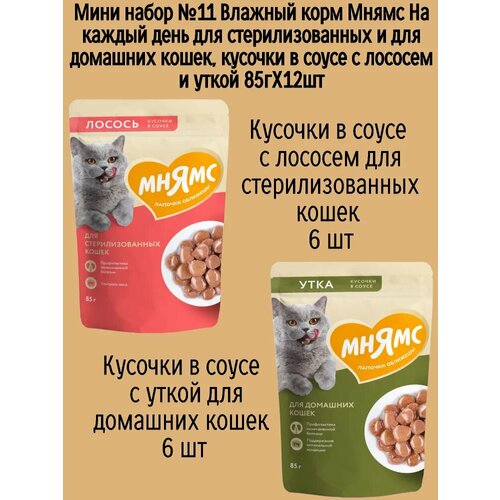 Мини набор №11 Влажный корм Мнямс для стерилизованных кошек, кусочки в соусе с лососем и уткой, 12 шт х 85 гр