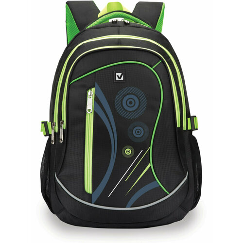 Рюкзак (ранец) мужской, женский, школьный, подростковый городской Brauberg HIGH SCHOOL 30 л, черный/салатовый, 3 отделения, неон, 46х31х18 см, 225520