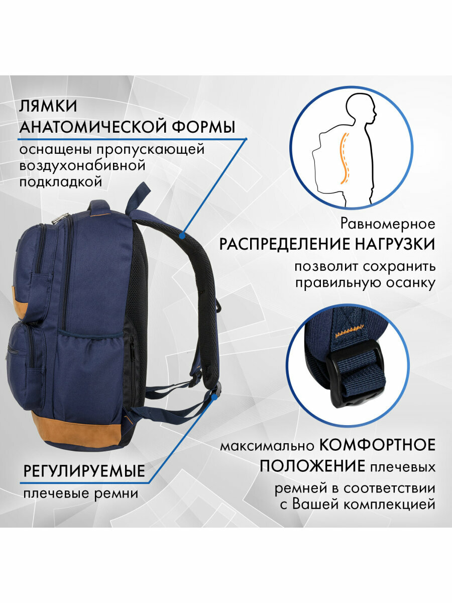 Рюкзак BRAUBERG (БРАУБЕРГ), для ст. классов/студентов/молодежи, Бронкс, 27 литров, темно-синий, 46х31х14 см, 226349 — фото 1