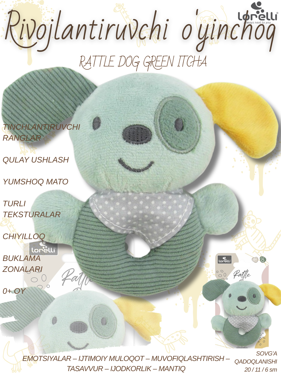 Развивающая мягкая игрушка Lorelli Rattle Dog Green, развитие 5 основных навыков малышей, 30 грамм, плюшевая, 0+ месяцев — фото 1