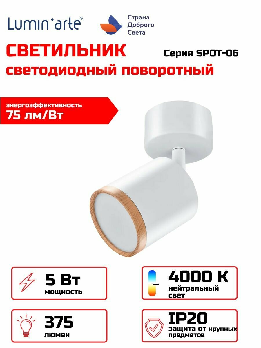 Светодиодный светильник SPOT06-CLL5W-1 5Вт 4000К 375Лм Luminarte накладной поворотный направленный свет