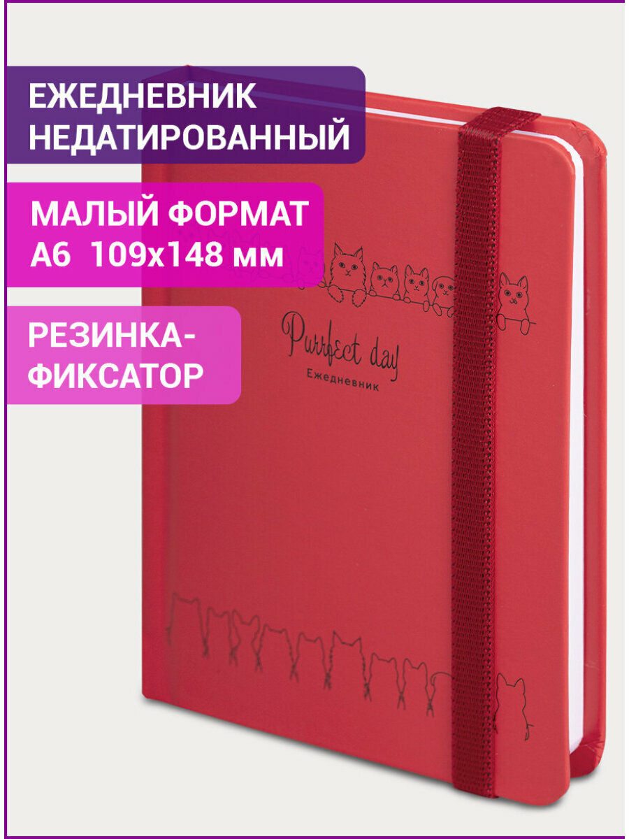 Ежедневник-планер (планинг) / записная книжка / блокнот недатированный с резинкой Формат А6 (109х148 мм) Brauberg твердый переплет 128 листов Котики