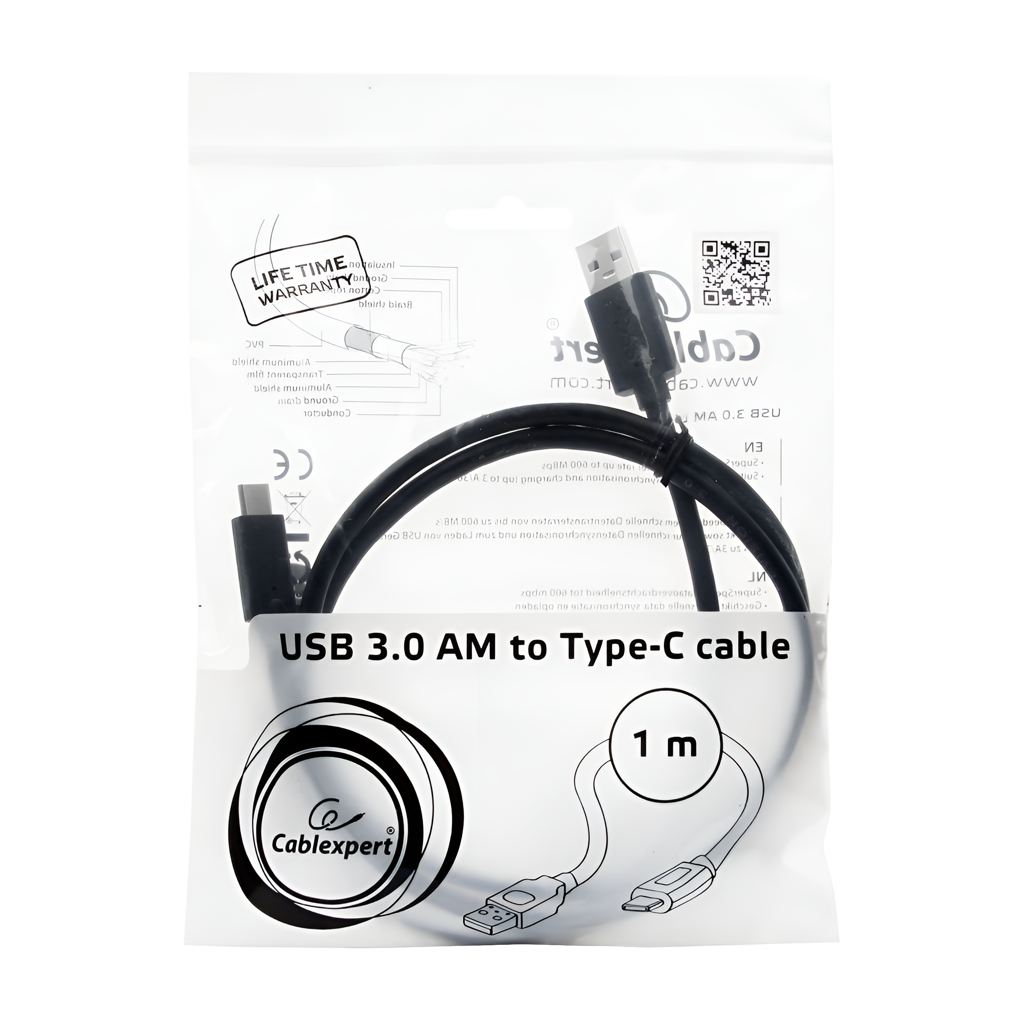 Кабель USB 3.0 Cablexpert черный AM/Type-C 1м CCP-USB3-AMCM-1M — фото 1