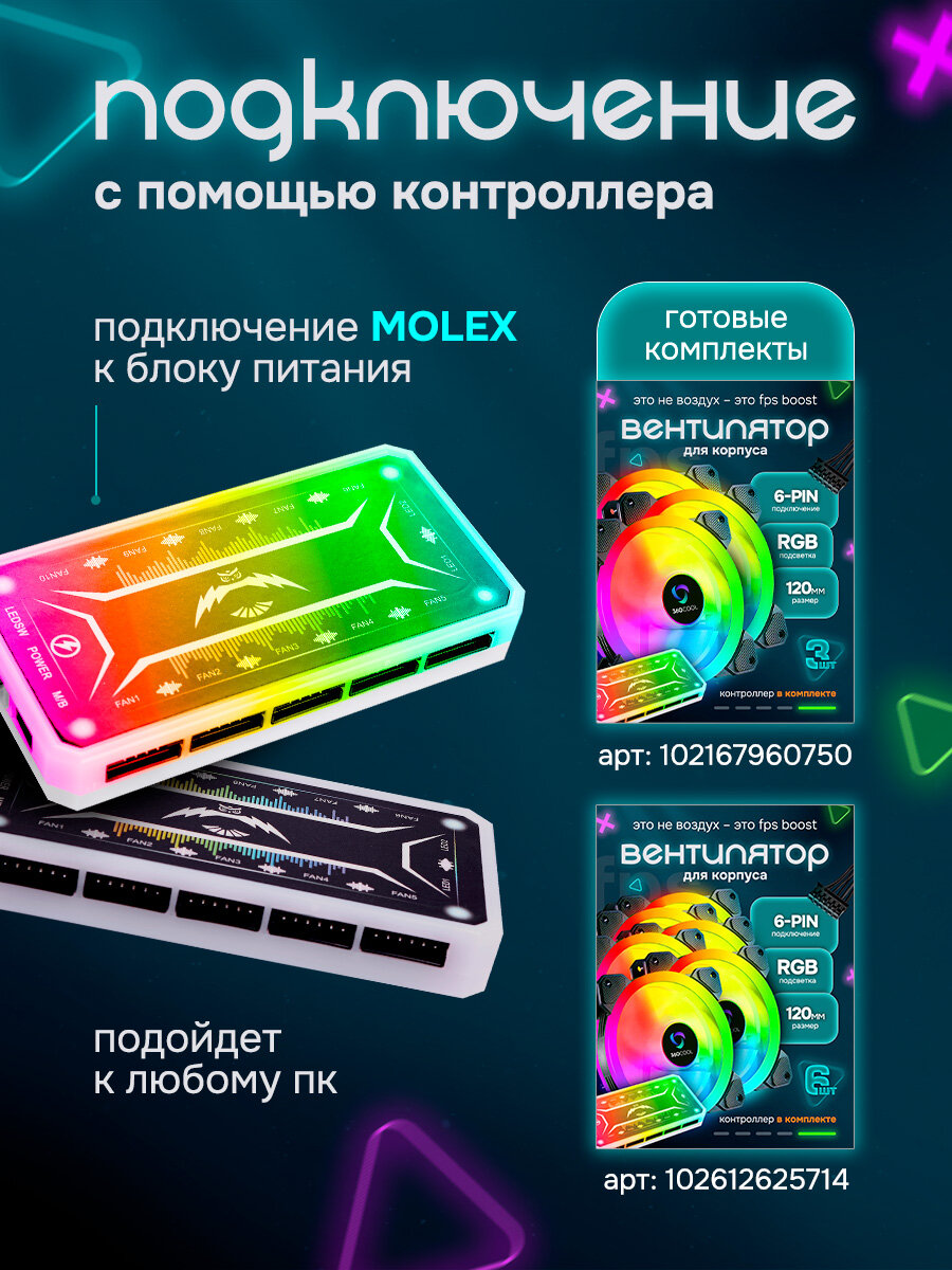 Вентилятор для корпуса ПК с RGB подсветкой 360COOL, 4 кулера для охлаждения 120мм, контроллер, пульт, 4Pin Molex 50см — фото 1