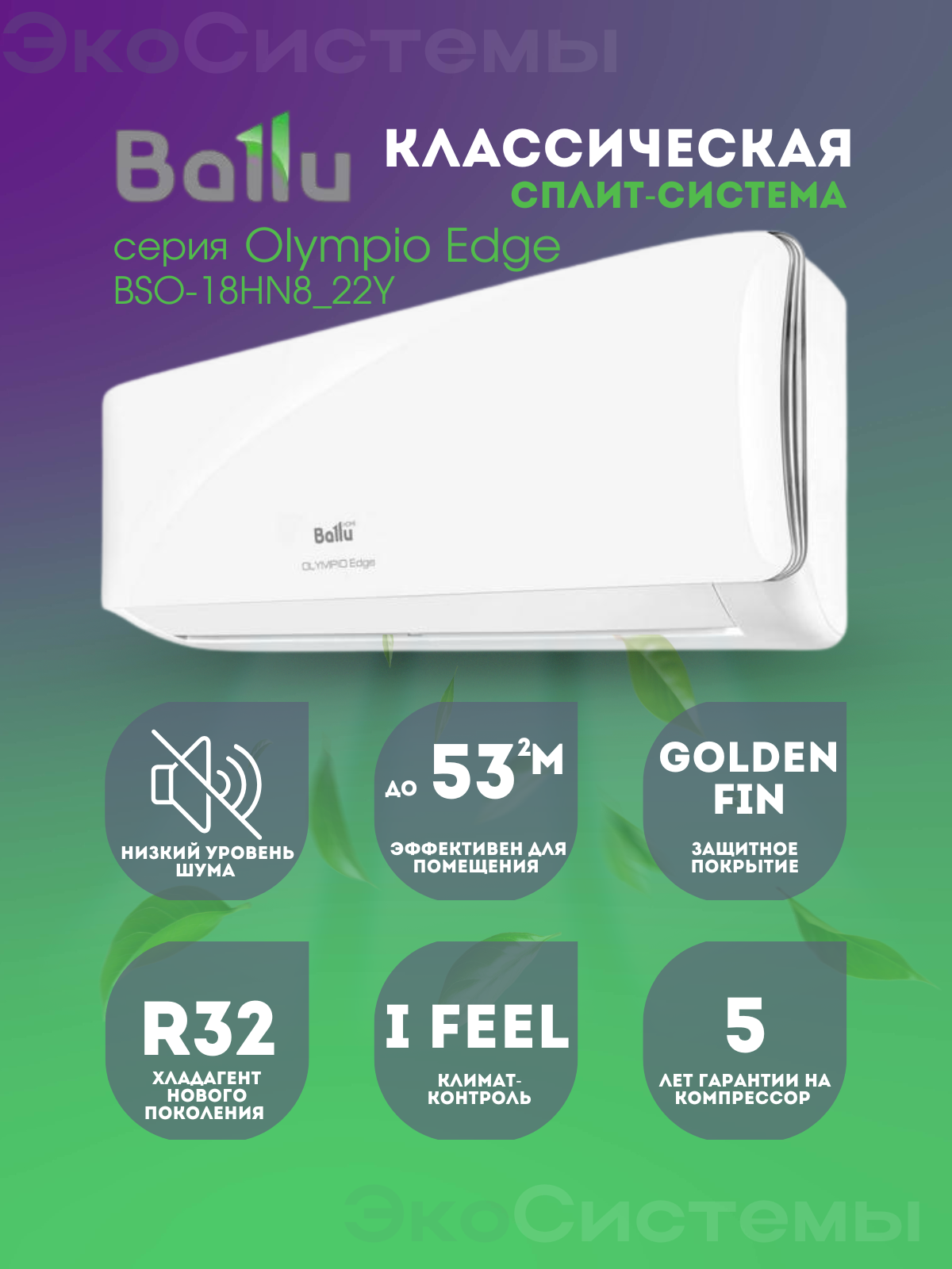Сплит-система Ballu Olympio Edge BSO-18HN8_22Y до 52 м2 (завод Midea)