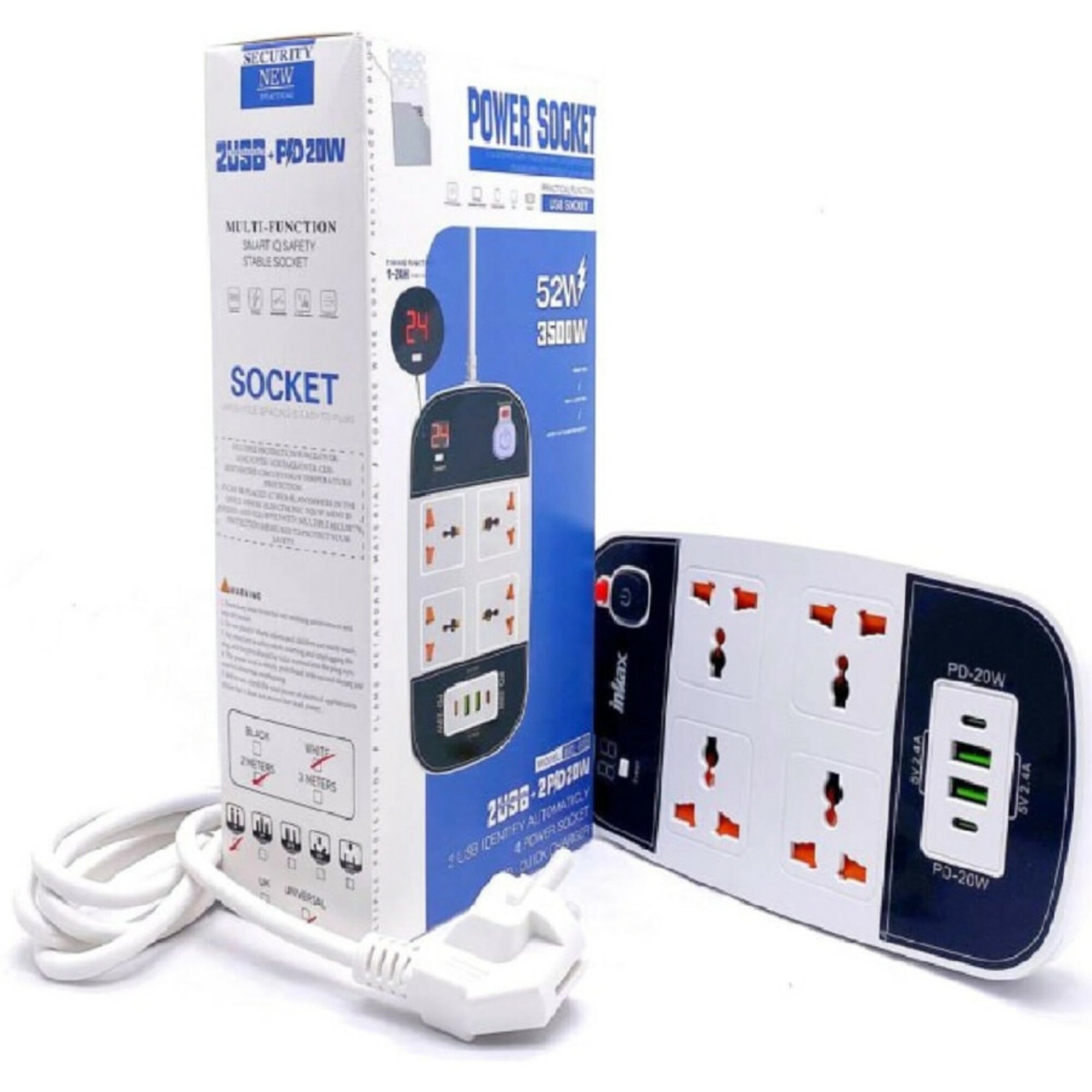 Удлинитель Inkax BKL888 PD 2058, 4 розетки/2 USB/2 порта Quick Charge/Таймер/2м/3500Вт