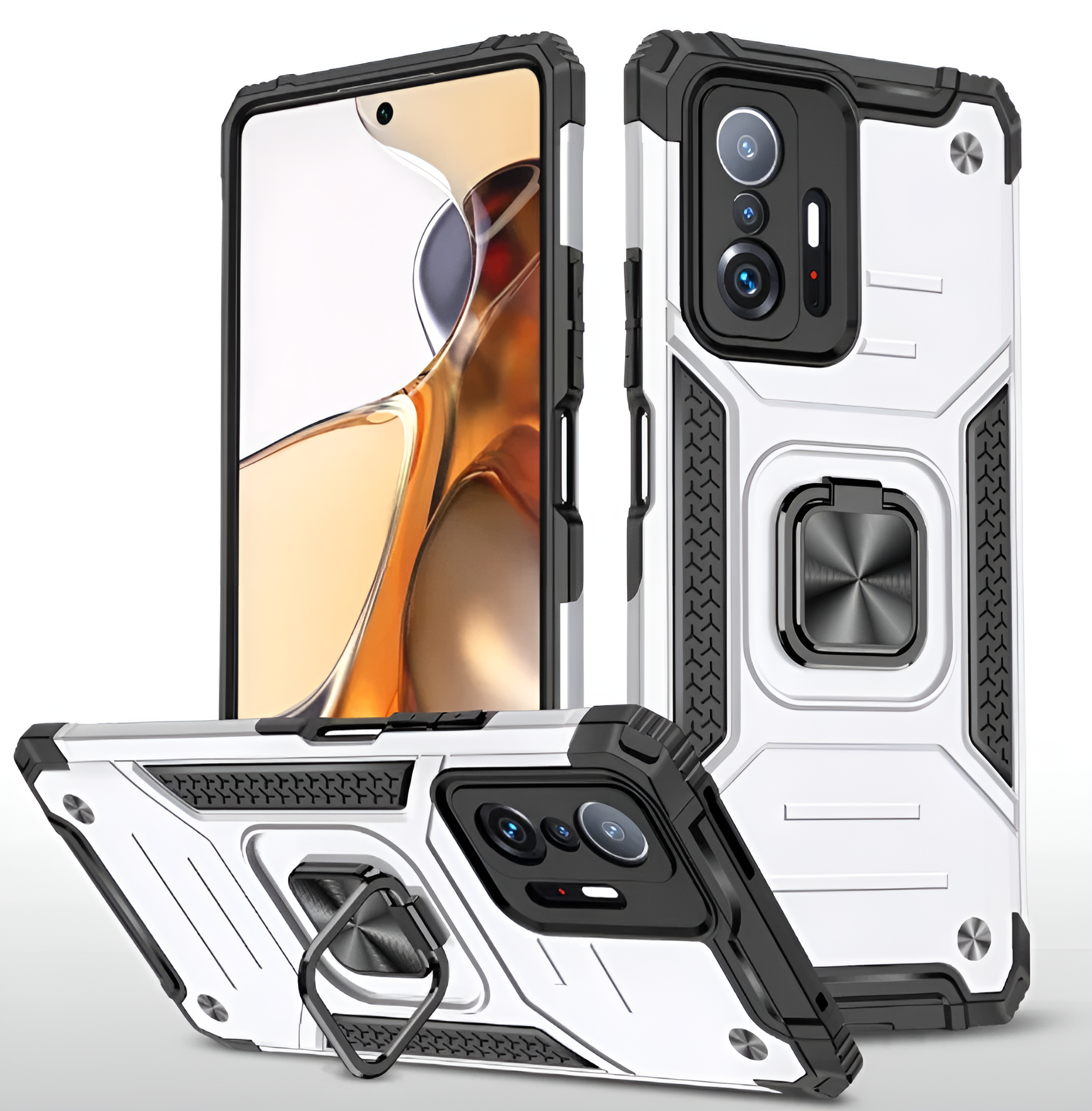Противоударный чехол для Xiaomi 11T, 11T Pro серебро с пластиной для магнитного автодержателя и кольцом подставкой
