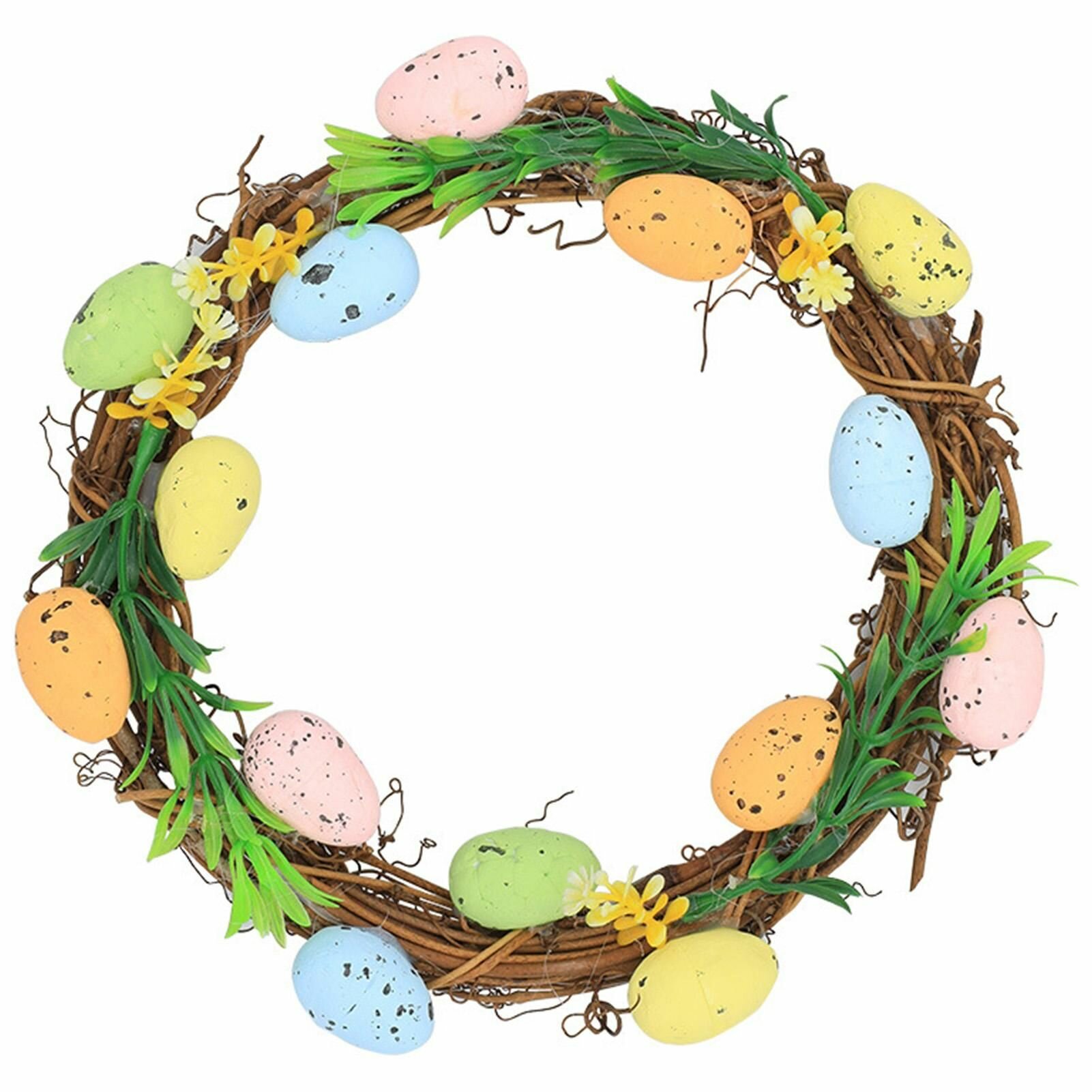 Пасхальный венок из ротанга с разноцветными яйцами для украшения двери 20x19 см