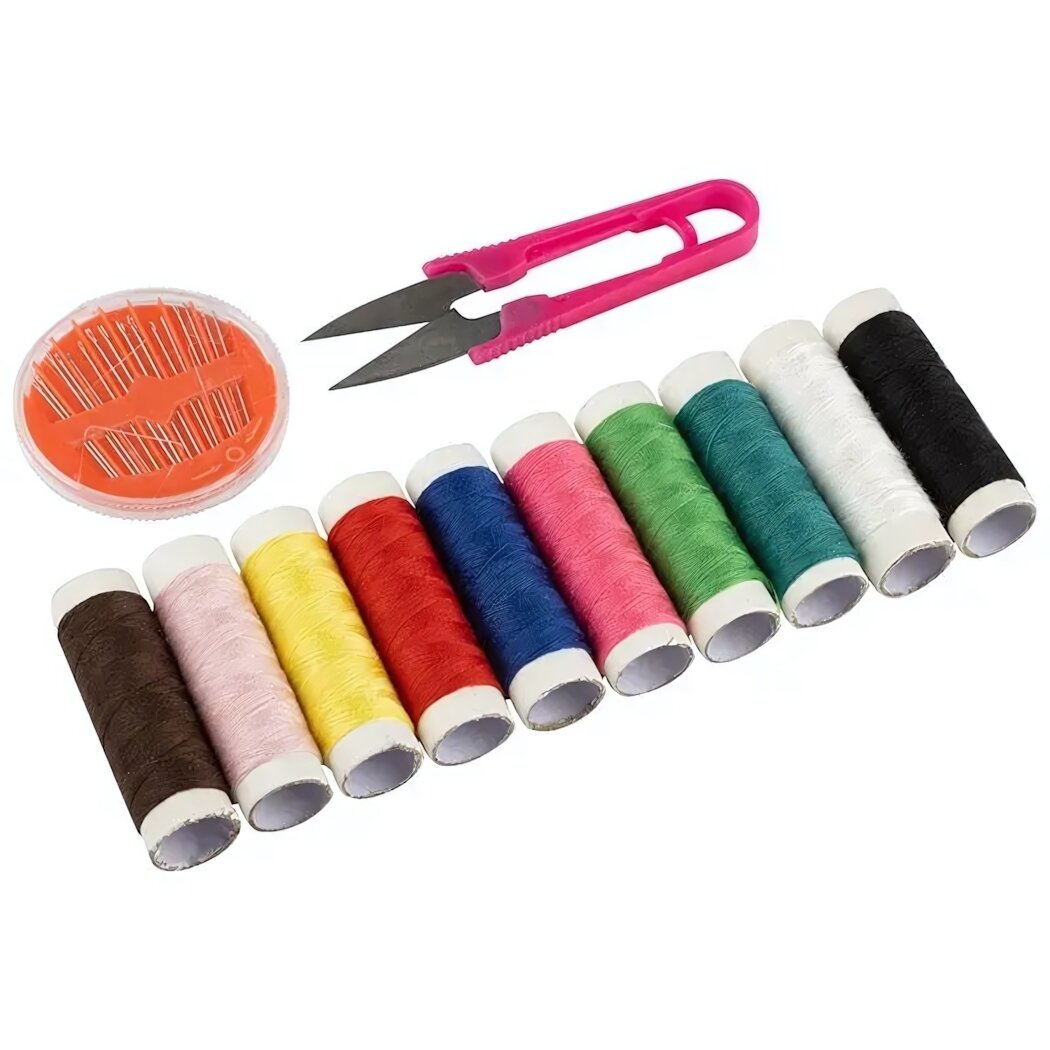 Швейный набор для рукоделия: 10 катушек ниток ножницы и иглы в футляре