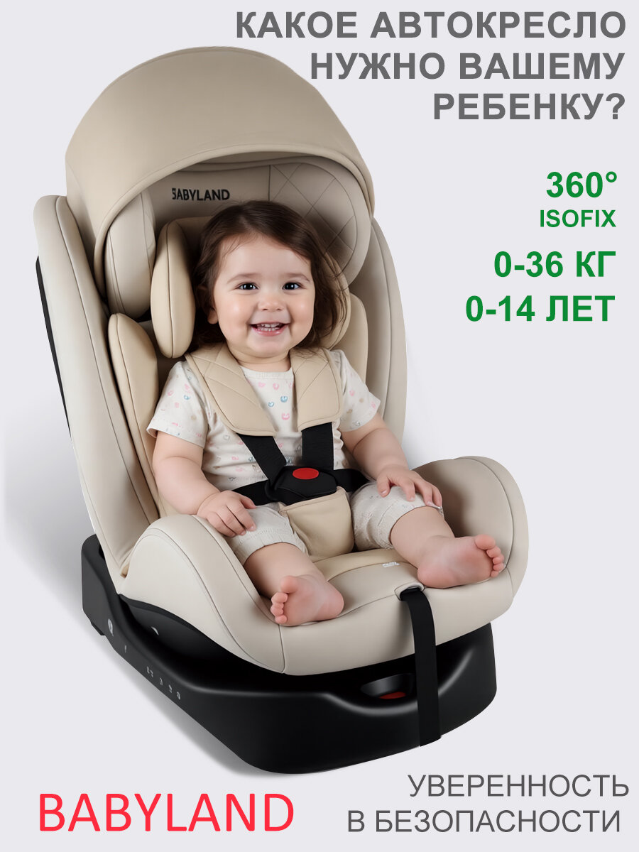 Автокресло детское, Детское кресло,360°, дышащая обивка,0 - 36кг, С капюшоном, Серо-бежевый
