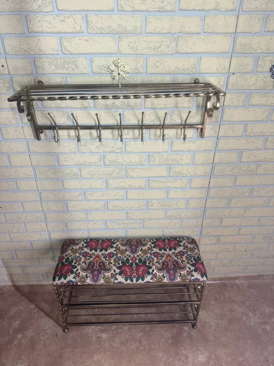 Кованая прихожая, вешалка + банкетка, Студия кованой мебели Нива, цвет античная бронза/красно-сиреневый — фото 1