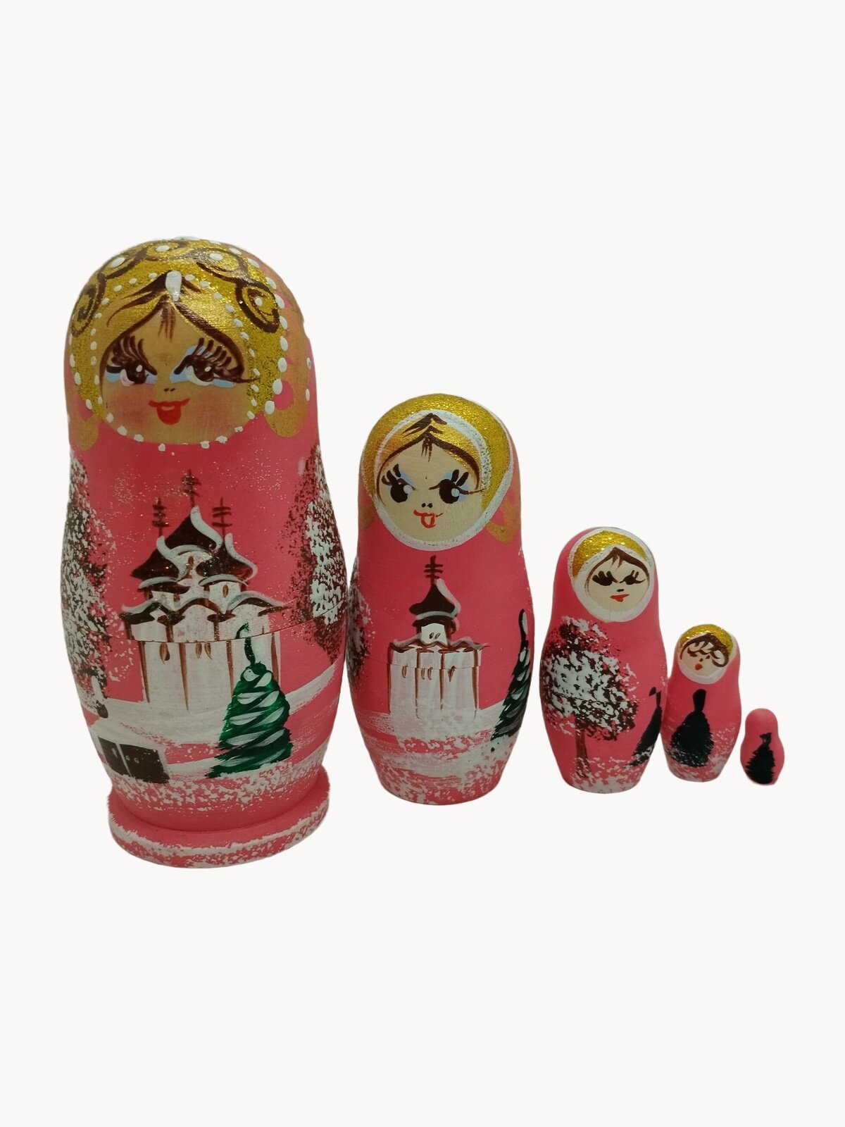 Матрешка 5-местная, авторская художественная роспись, липа, 13,5 см, розовая