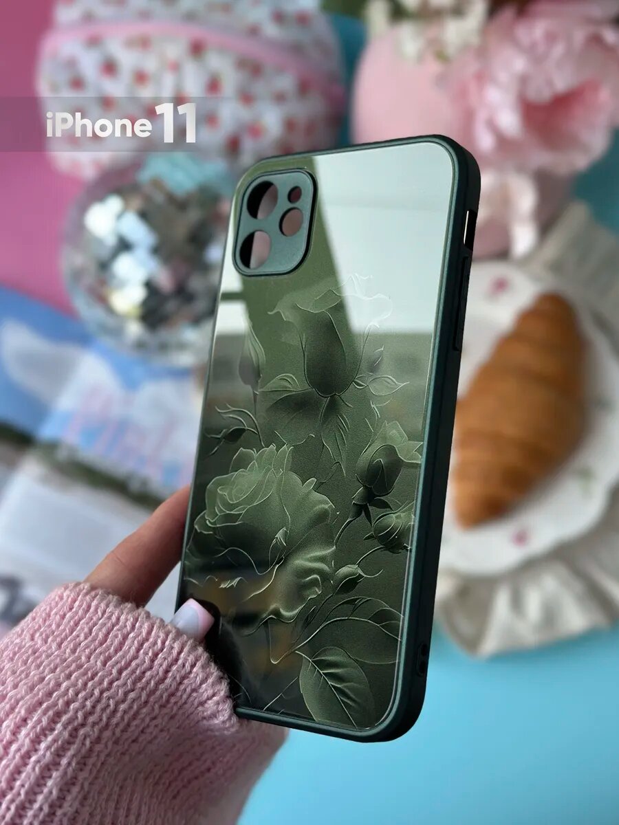Чехол на iPhone 11 стеклянный с зелёным принтом, стильная накладка со стеклянной задней панелью и ярким дизайном