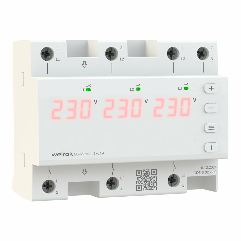 Трехфазное реле напряжения Welrok D6-63 red