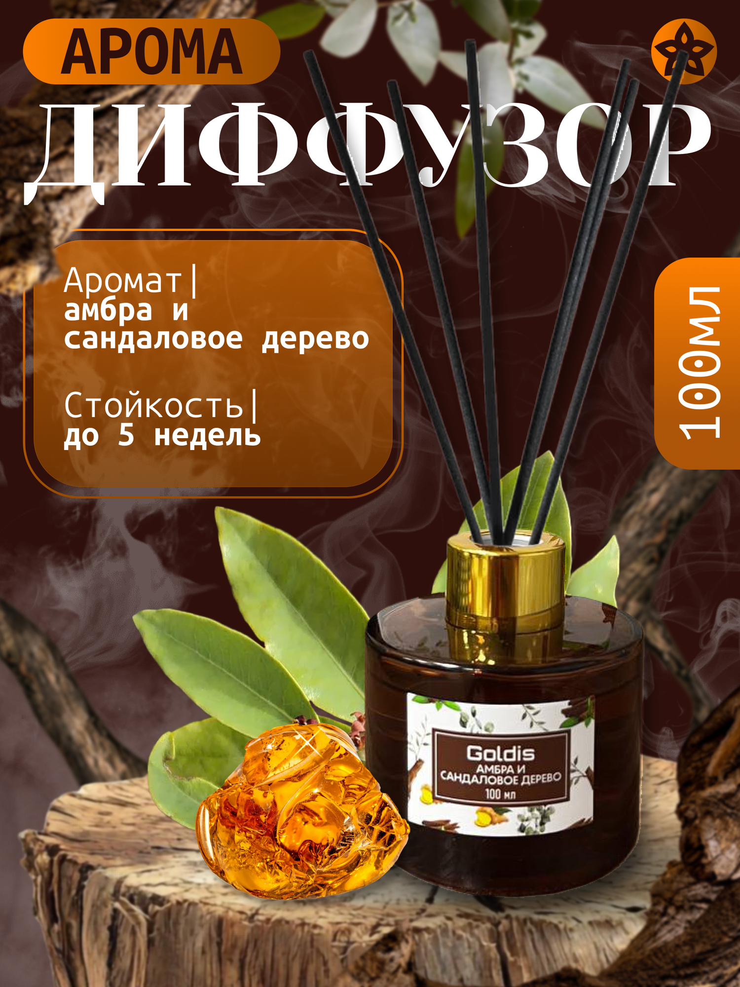 Диффузор для дома ароматический "Амбра и сандаловое дерево" 100 мл.