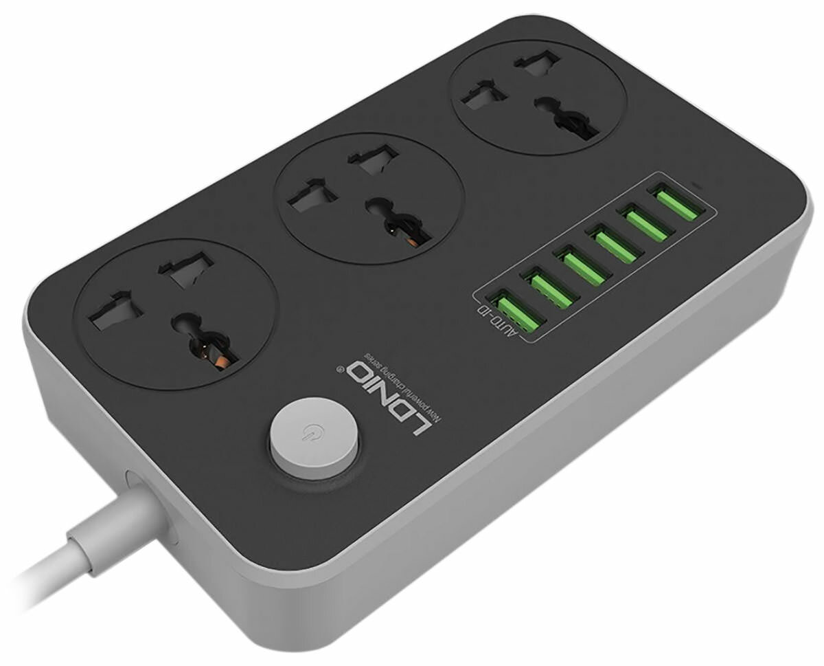 Сетевой фильтр LDNIO SC3406 темного цвета, 3 универсальные розетки и 6 USB портов, антистатические, защита от перегрузки