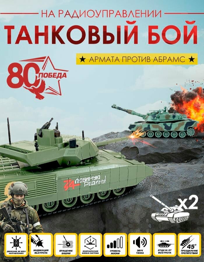Танковый бой на радиоуправлении EDVITECH "Армата" против "Абрамса" зелёный пластик 1:28