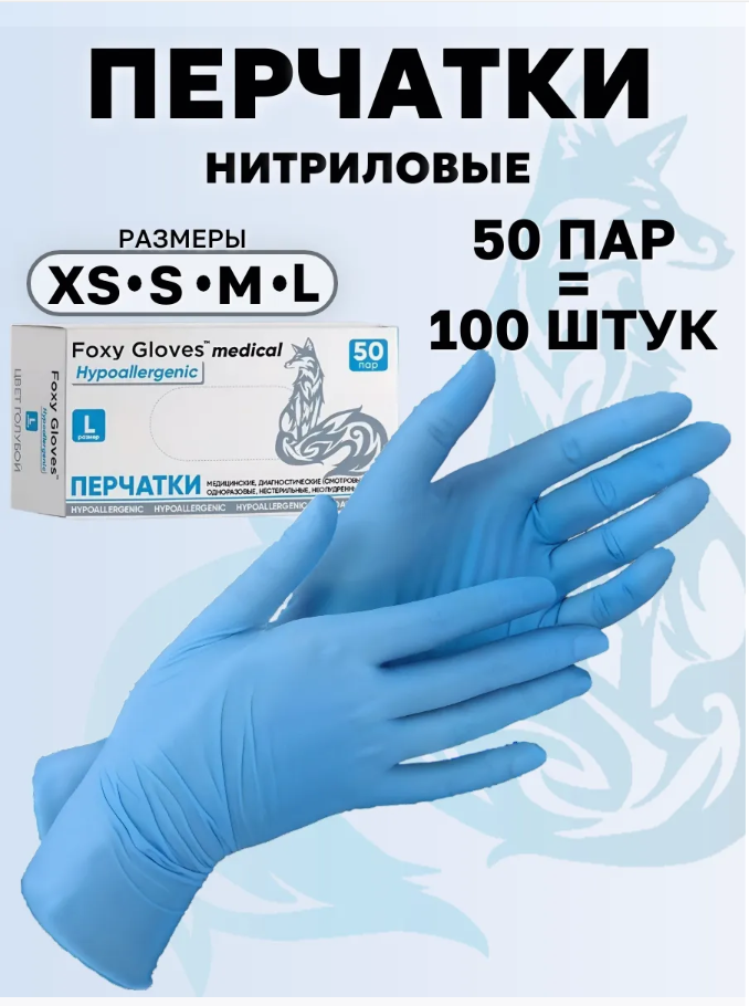 Нитриловые перчатки неопудренные текстурированные смотровые 50 пар голубые 100 шт Размер L