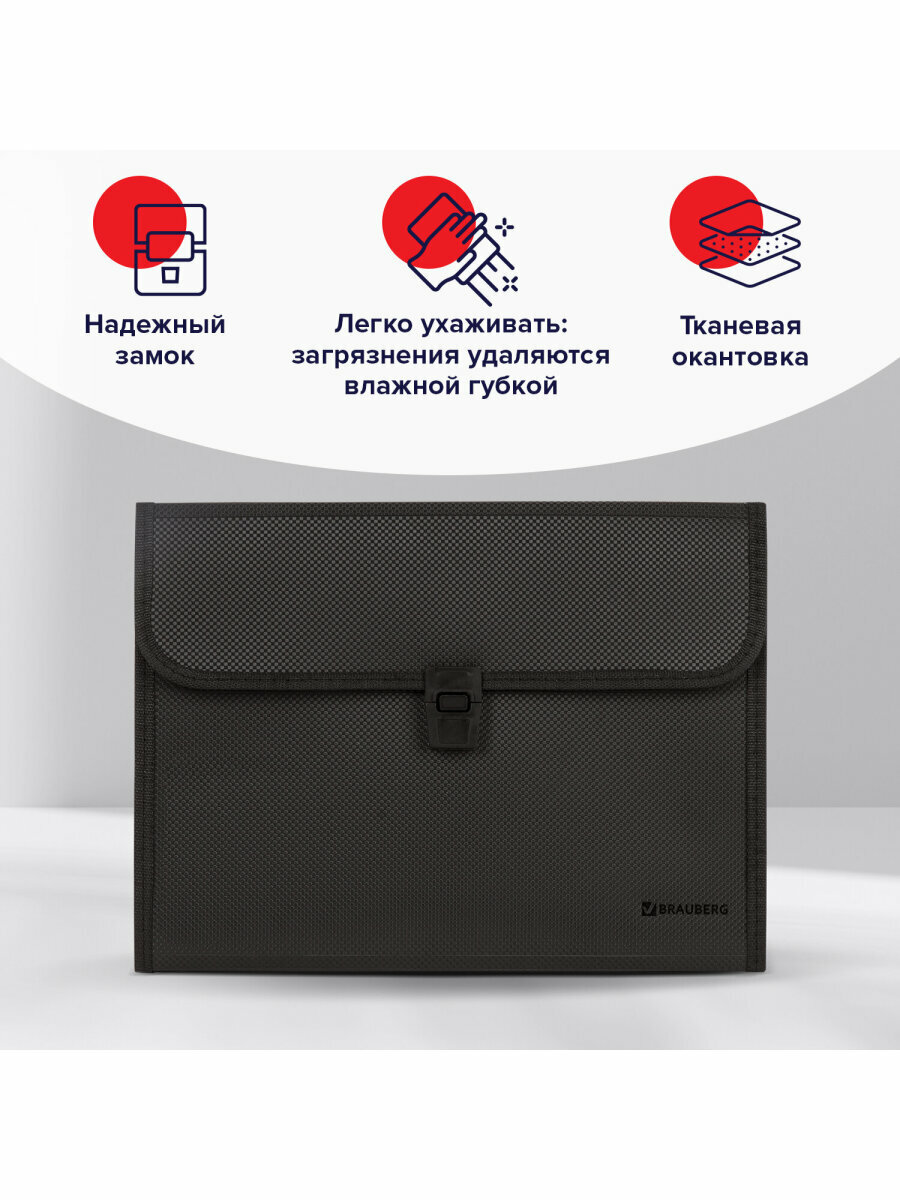 Папка для рисунков, чертежей, листов, бумаг с замком Brauberg "Hit" формата А4, 13 отделений, черная, 229572 — фото 1