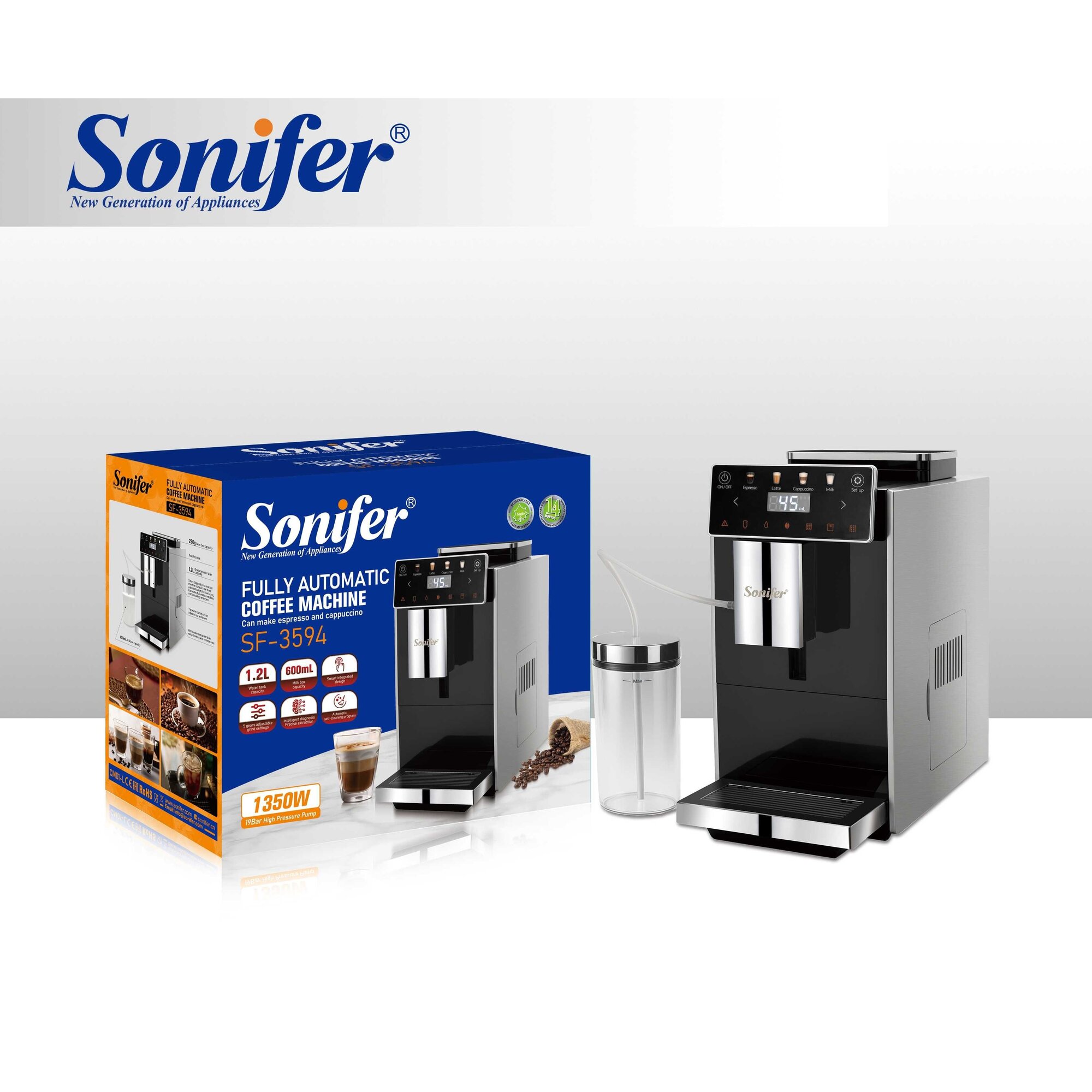 Кофемашина Sonifer SF-3594, сенсорное управление, давление 19 бар, 1,2л