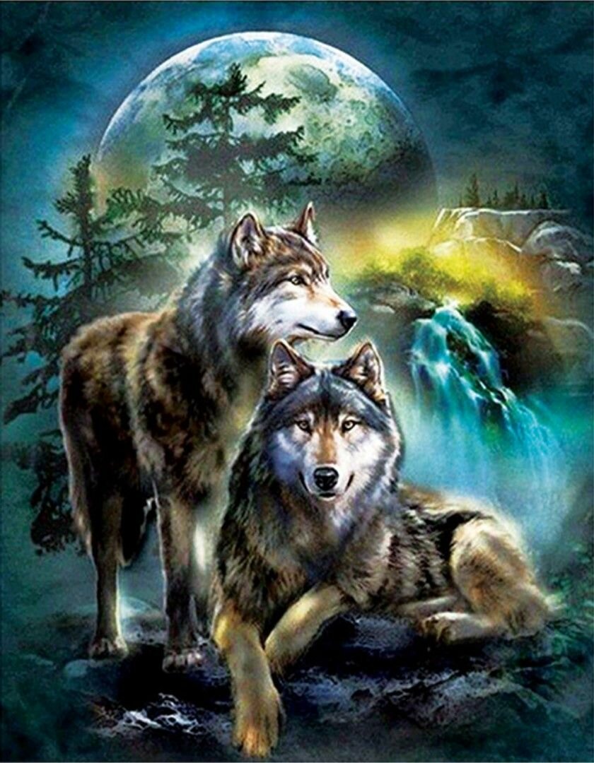 Алмазная мозаика Два волка на фоне водопада и луны на подрамнике 30х40, полная выкладка 25х35 (картина стразами, алмазная вышивка)
