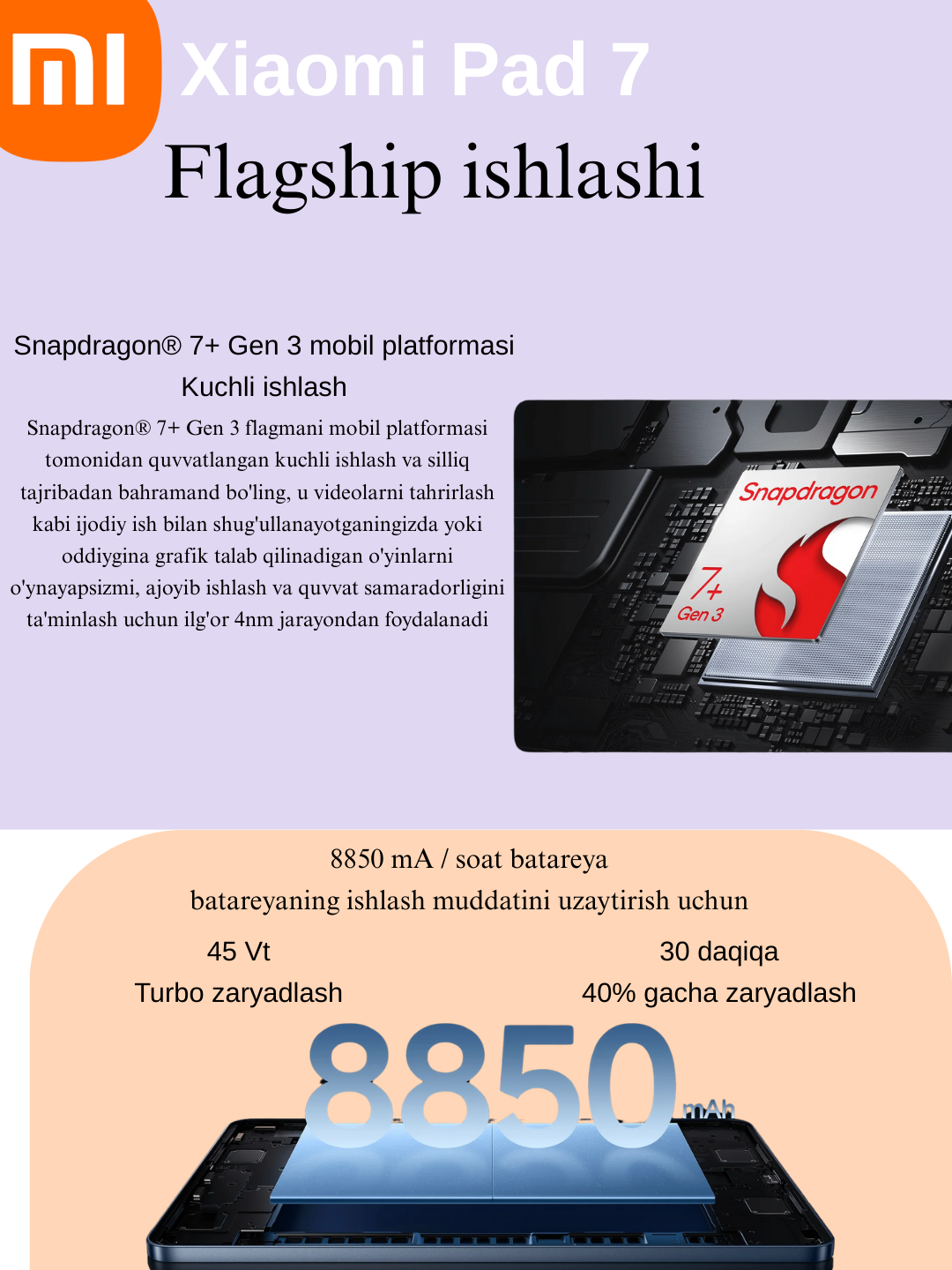 Планшет Xiaomi 7, 2.5K, 144Hz, 11", 8Gb/256 GB, камера 8Мп, Android, серый, Гарантия Carvonshop 24 месяца — фото 1