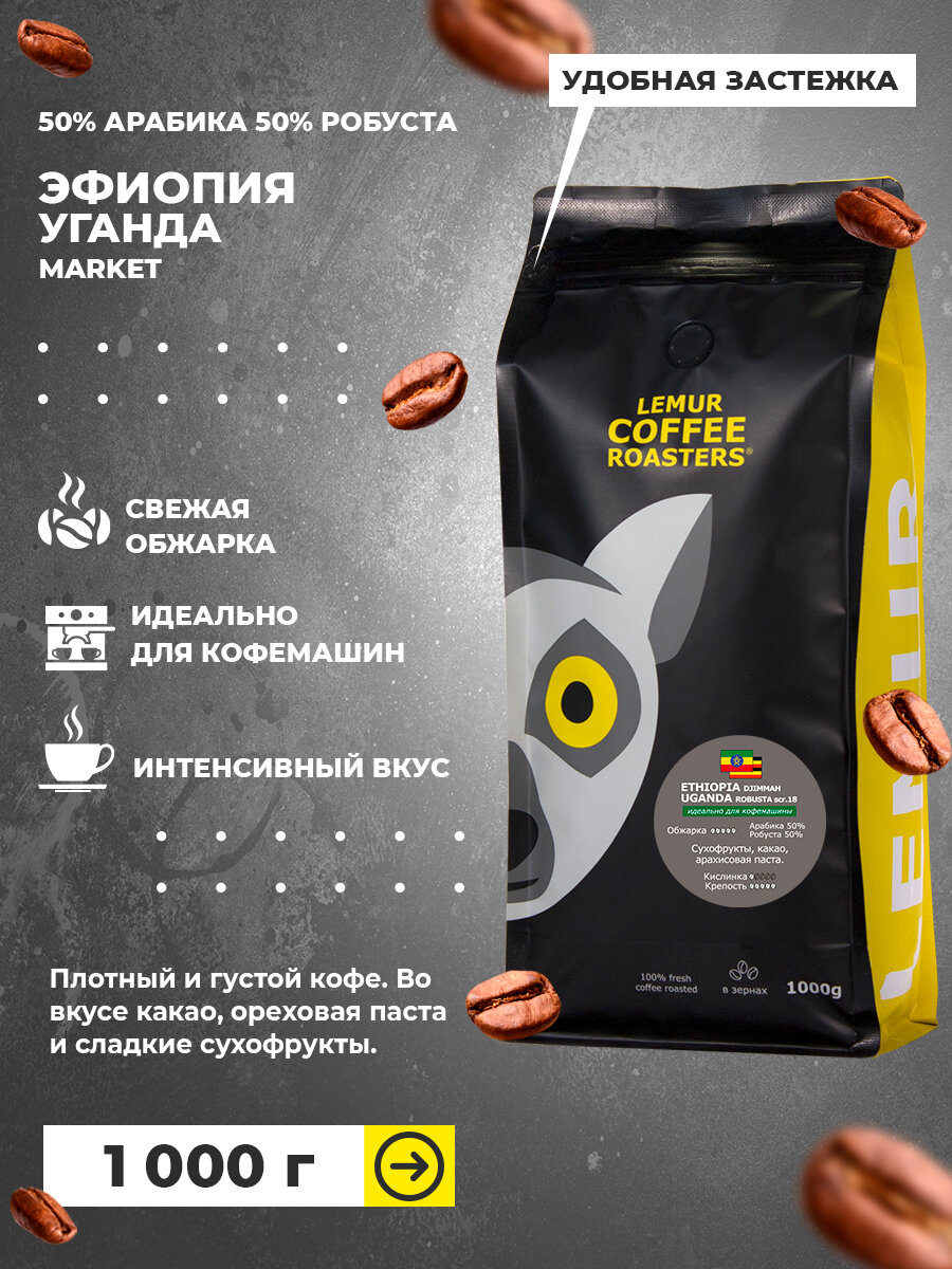 Кофе в зернах 1 кг смесь ЭФИОПИЯ / УГАНДА 50% арабики 50% робусты ETHIOPIA UGANGA MARKET, 1000 гр. , дата обжарки 21.08.25