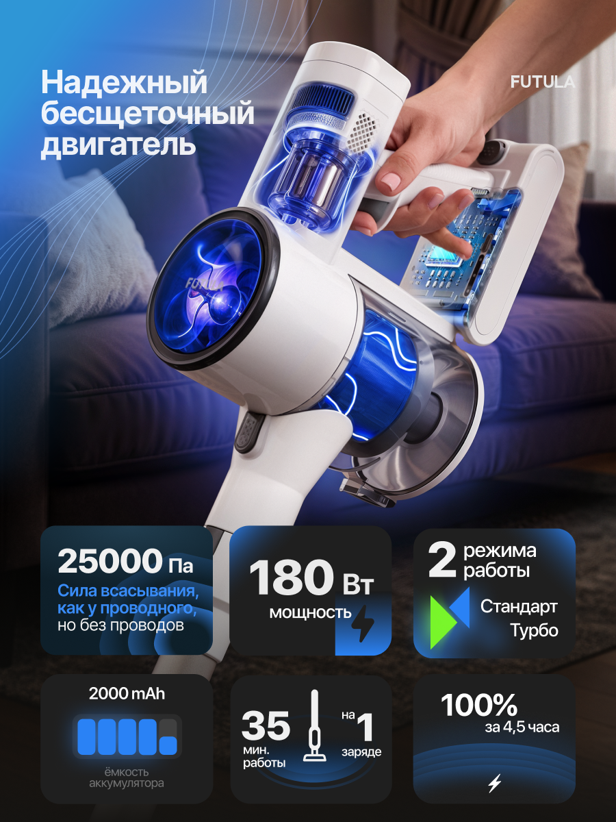 Пылесос для дома Futula V10, белый, вертикальный, аккумуляторный с Hepa фильтром — фото 1