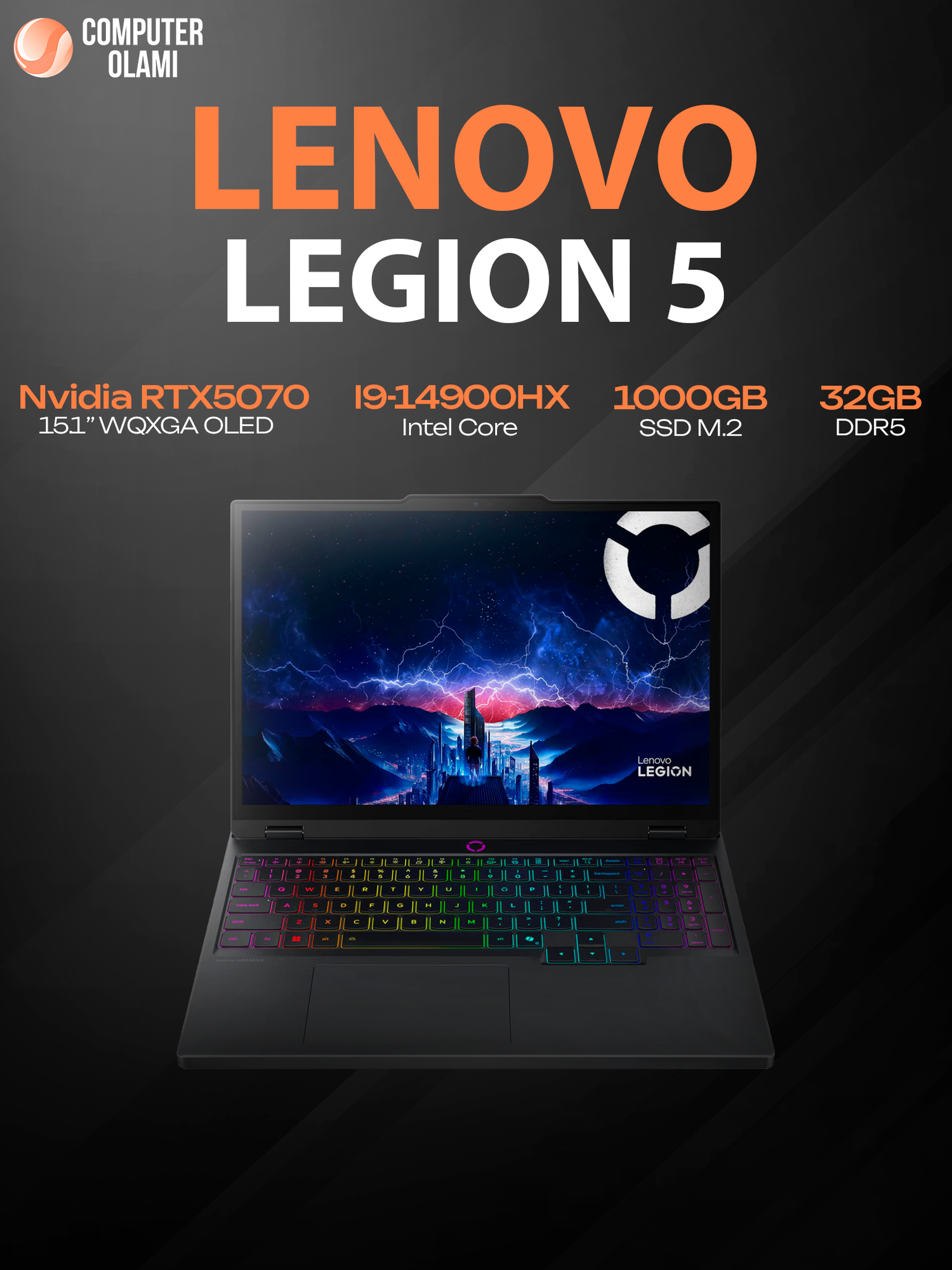 Ноутбук LENOVO LEGION 5 15IRX10 I9-14900HX 32GB 1TB SSD 8GB RTX 5070 15,1 WQXGA OLED