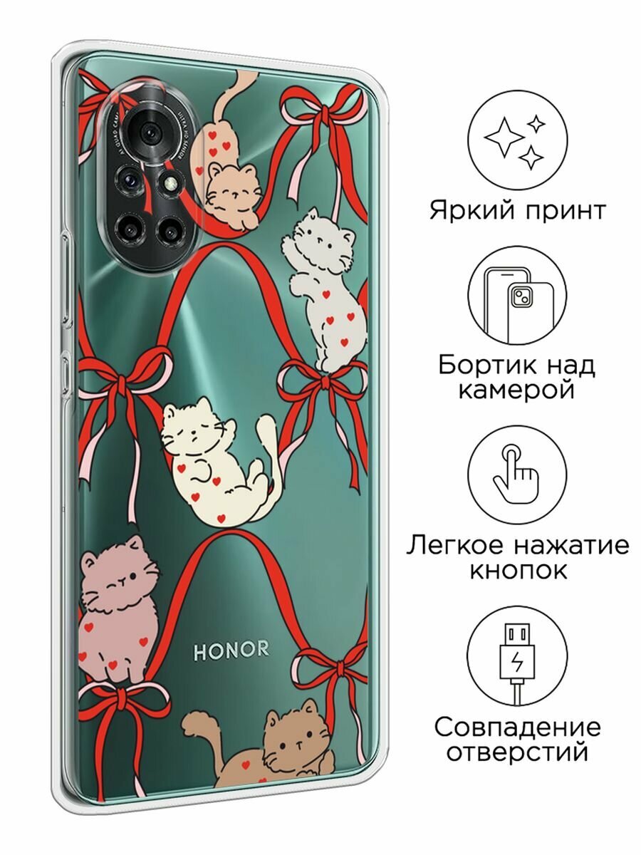 Чехол на Honor V40 Lite/Huawei Nova 8 / Хонор В40 Лайт/Хуавей Нова 8 с принтом "Котики в ленточках 2", прозрачный — фото 1