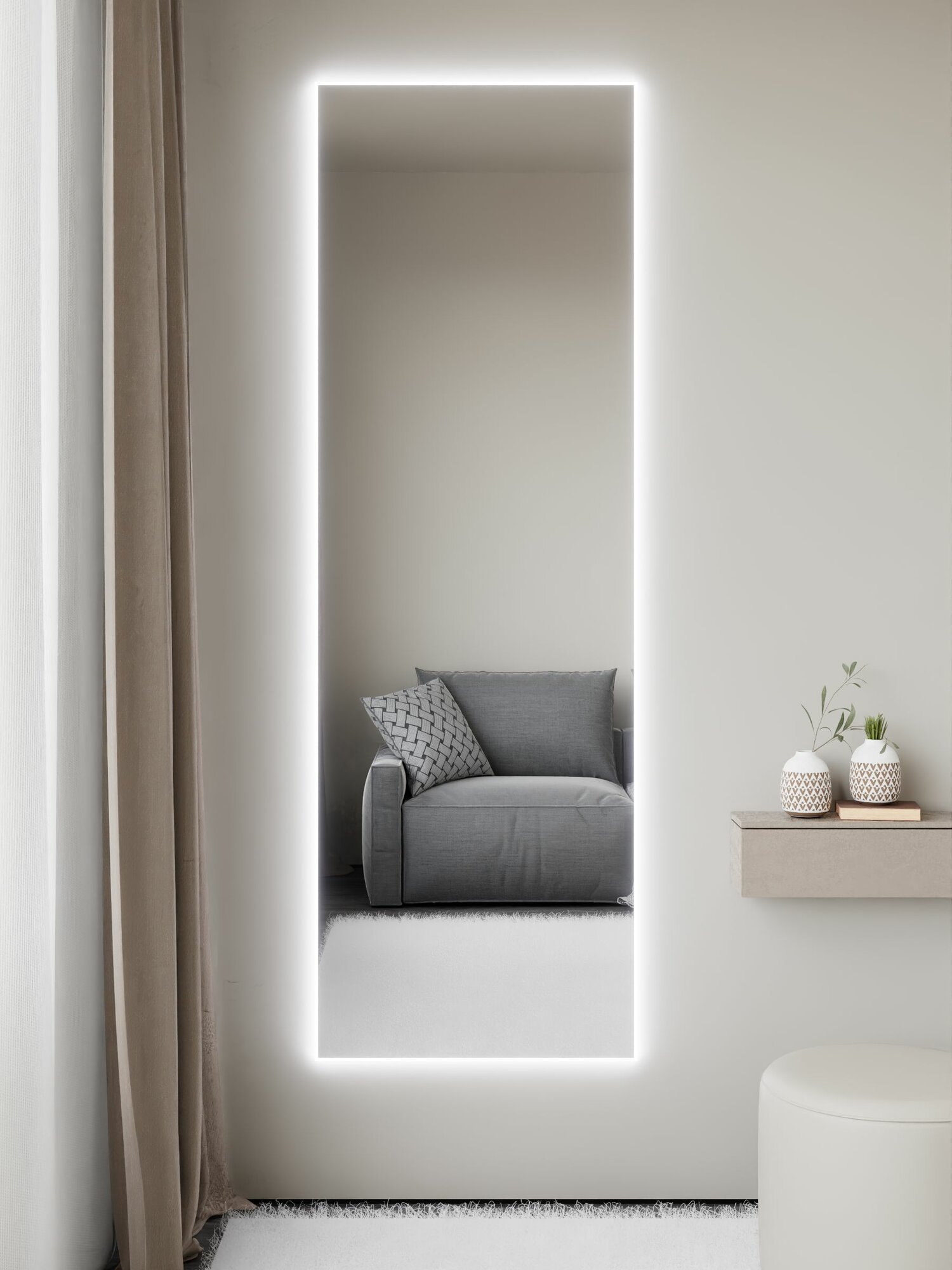 Зеркало настенное 200х70 см. с подсветкой. Свет: Холодный белый 6000К. Без рамы интерьерное ALUMIRROR