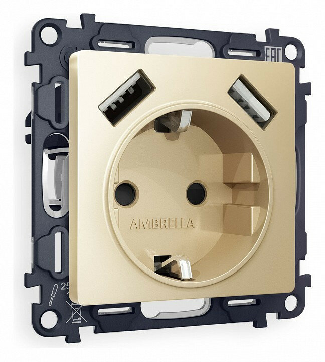 Розетка с заземлением и со шторкой и 2хUSB type A, без рамки Ambrella Volt ALFA MA609010