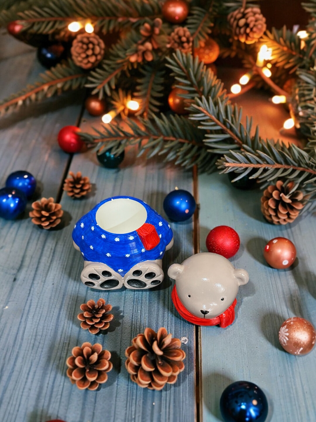 Декоративная шкатулка "Мишка", из гипса, синее покрытие, ручная работа — фото 1