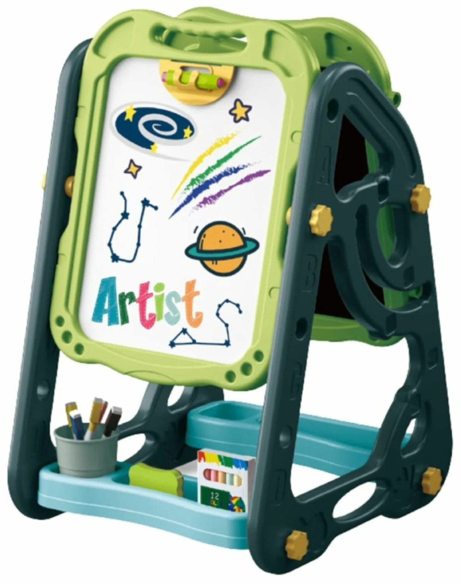 Детский мольберт, 2 доски, стульчик, принадлежности для рисования — фото 1