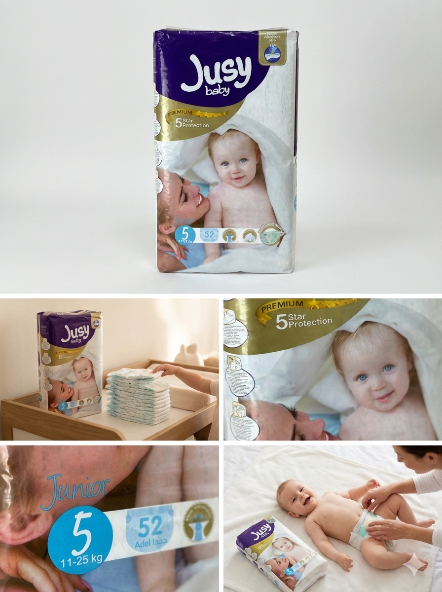 Подгузники Jusy Baby 5, ночные, для детей от 11 кг, 52 штуки, фиолетово-белые — фото 1