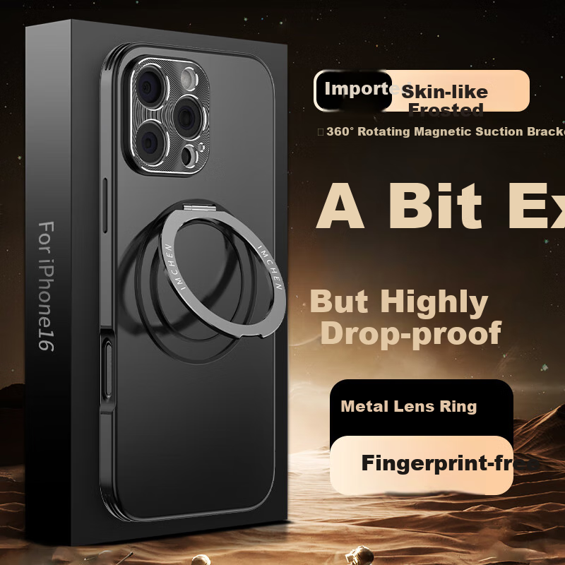 IM-CHEN iPhone 16 Pro Max 360° поворотная подставка ударопрочный матовый силиконовый чехол черный Версия：iPhone 16 Pro