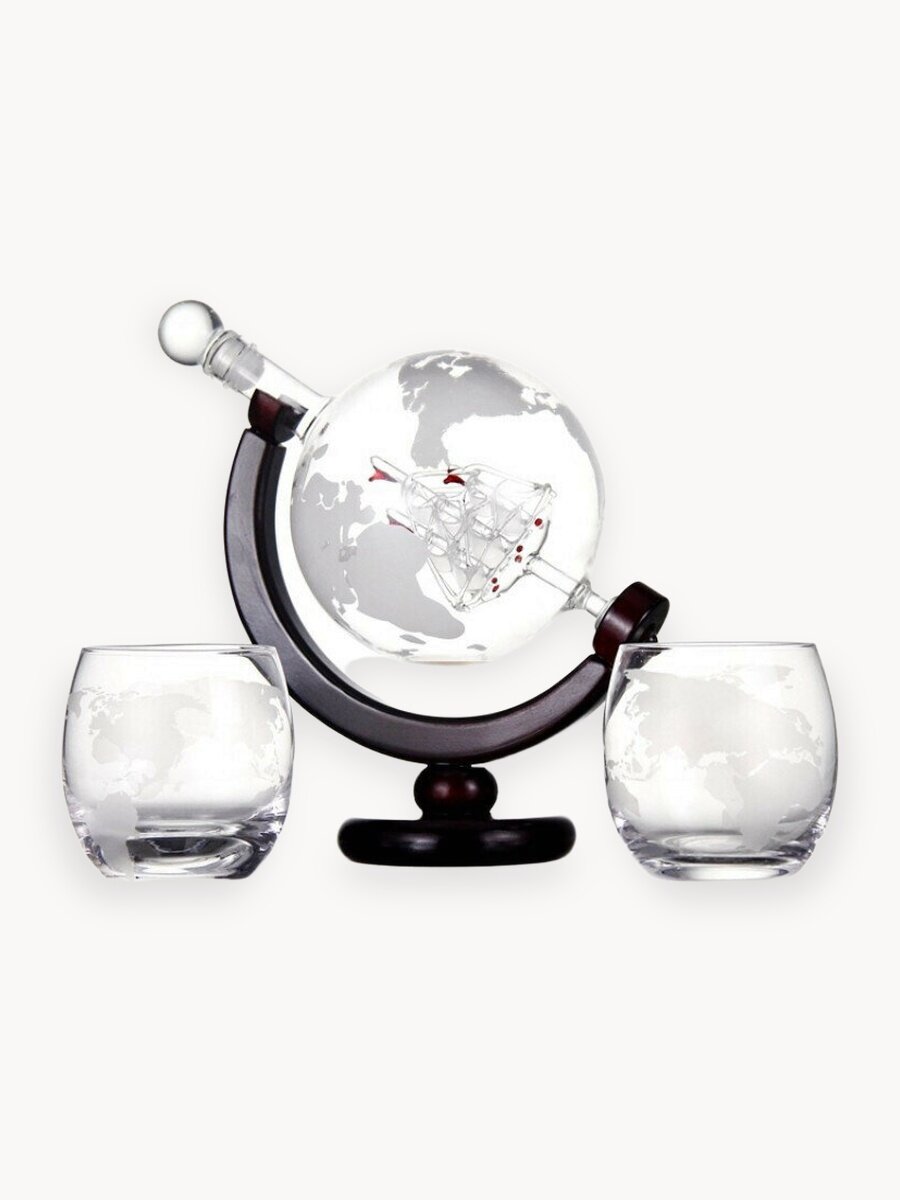 Подарочный набор мужчине для виски Декантер Глобус с кораблем графин и 2 бокала
