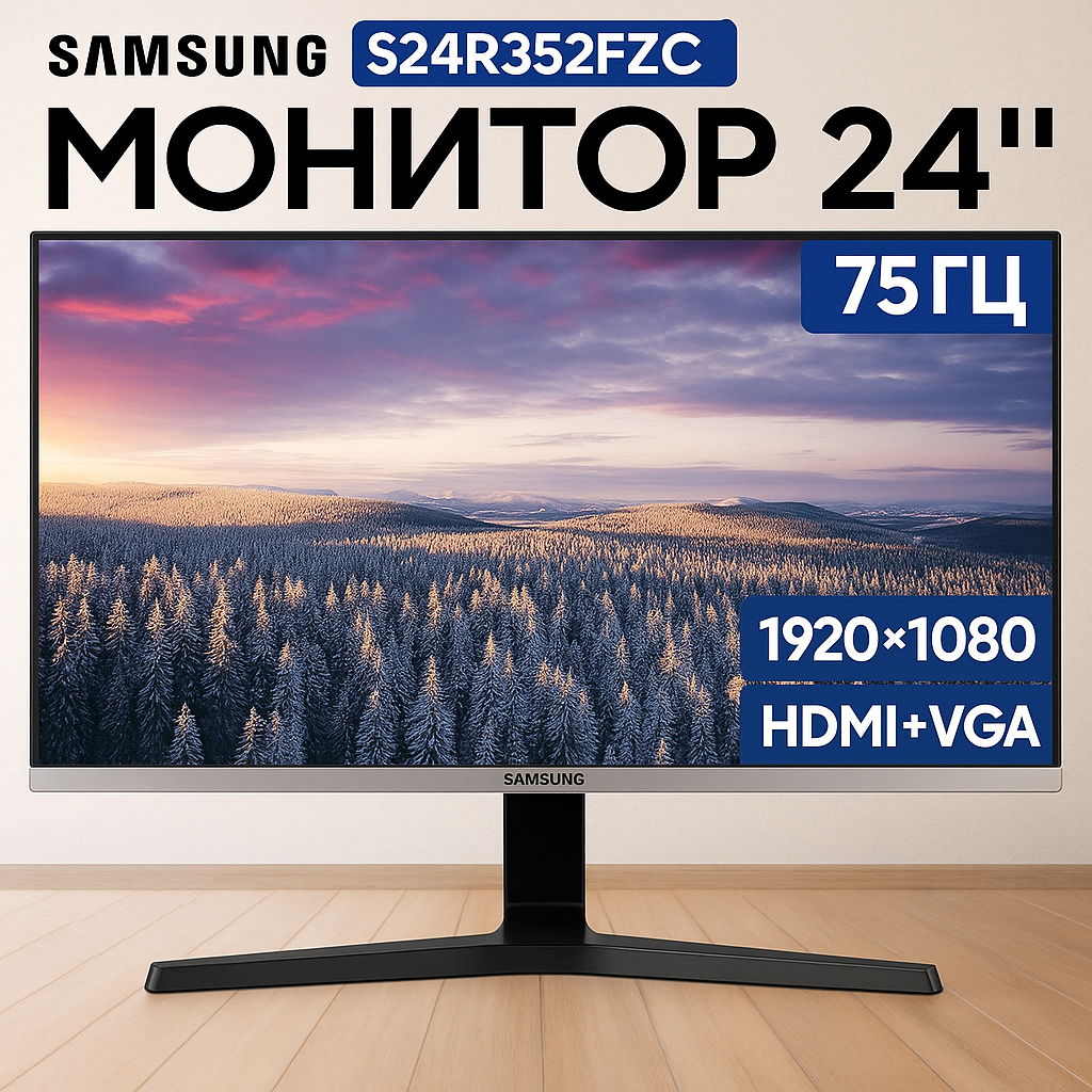 Монитор Samsung Essential S24R352FZC, 24", 1920х1080, 75 Гц, IPS, FreeSync, black
