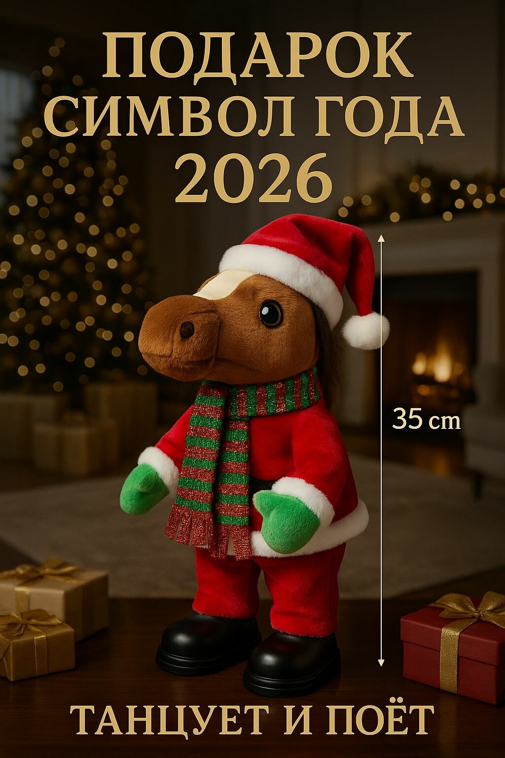 Музыкальная лошадка под ёлку. Танцует, поёт, символ 2026