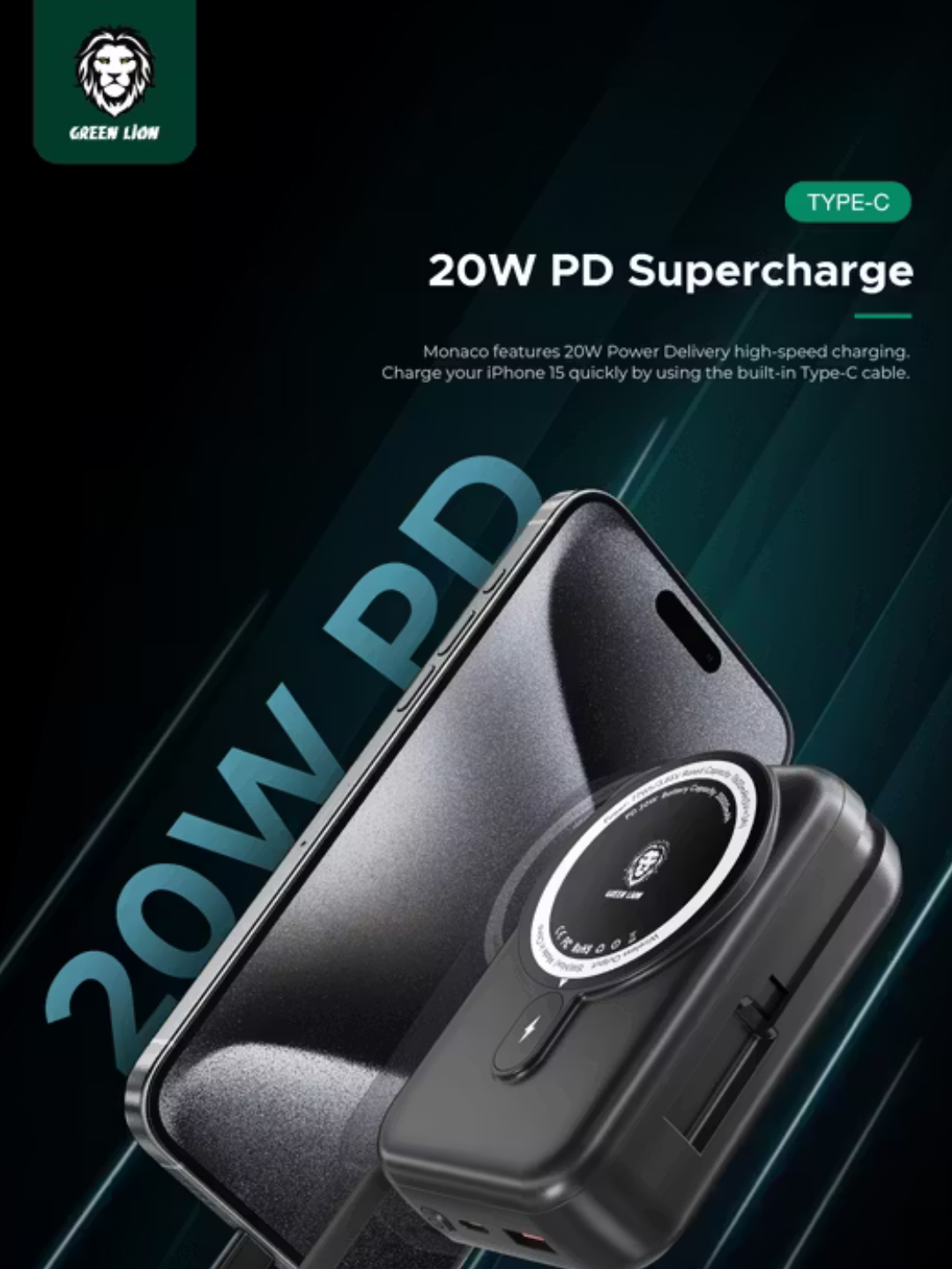 Внешний аккумулятор GREEN LION "Monaco Magsafe", 20000 mAh, USB-C