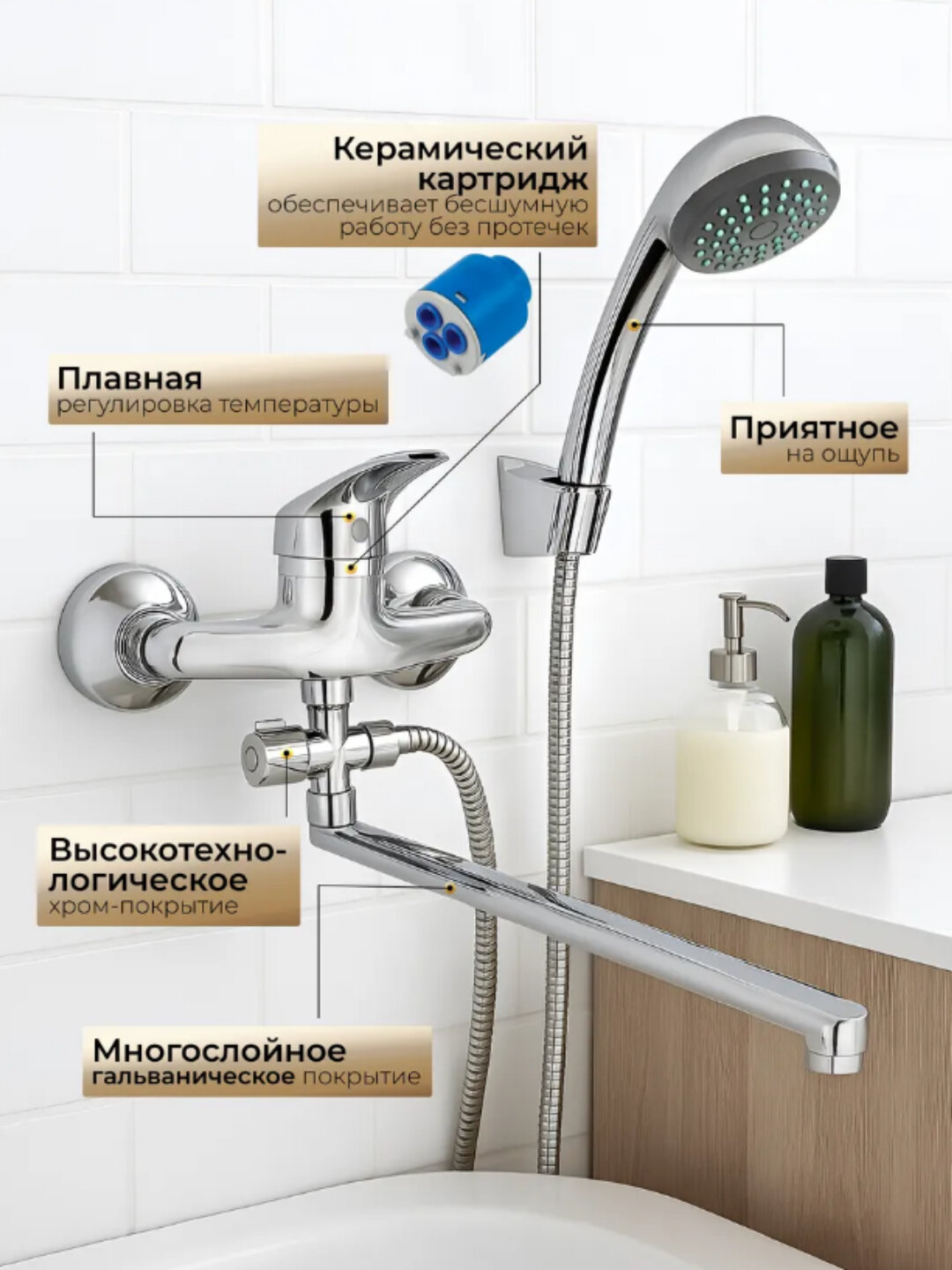 Смеситель для ванны, настенный, с душем, с однорычажным управлением, нержавеющая сталь