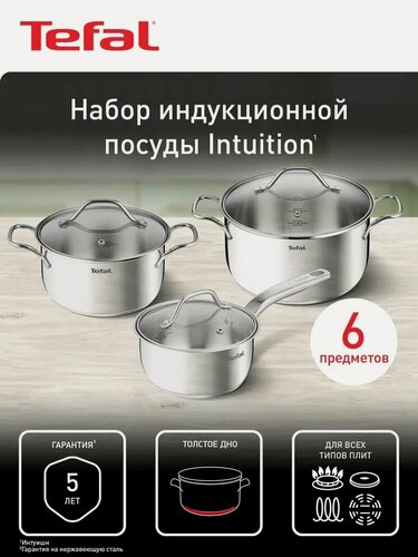 Изображение товара Набор посуды Tefal Intuition B864S674, 6 предметов, ковш 16 см, кастрюли 20 и 24 см, нержавеющая сталь, можно мыть в посудомоечной машине