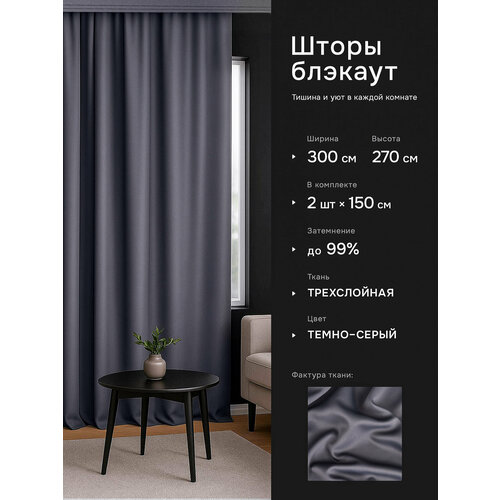 фото Шторы блэкаут для спали, гостиной, интерьерные темно-серые 150х270 см (2 шт.) dohouse