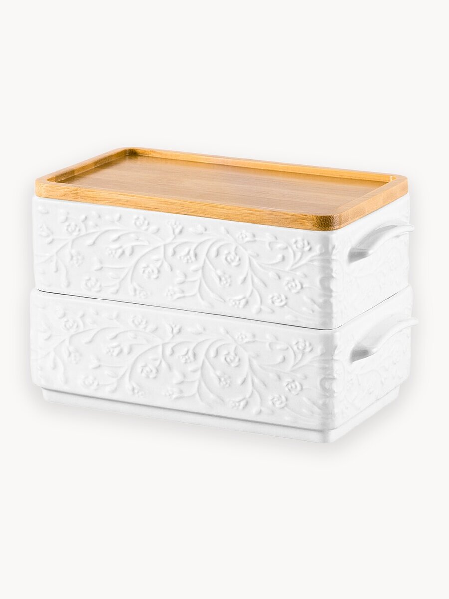 Блюдо для холодца 2 пр. по 800 мл Elan Gallery Веточки-цветочки + бамбуковая крышка, набор