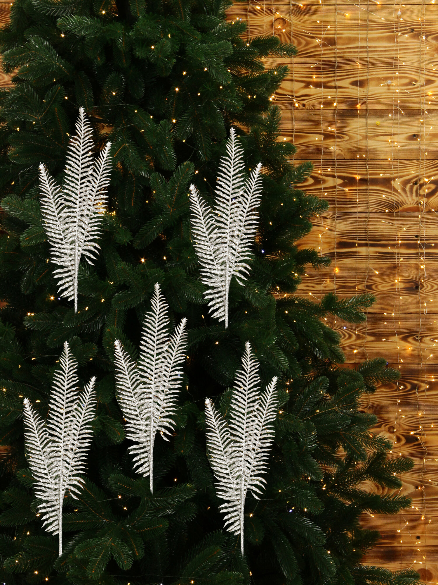 Новогоднее украшение ветка на елку 84х20 см, 5 шт, серебристая